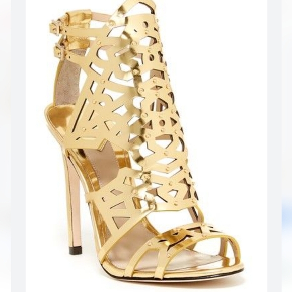 Brian Atwood Shoes - Brian Atwood Laconica Mirrored Laser-Cut Cage Sandal, Gold, Sz 6/36